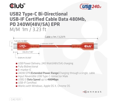 Club 3D USB2 Type-C Bi-Directional USB-IF Certified Cable Data 480Mb, PD 240W(48V/5A) EPR M/M 4m / 13.13ft