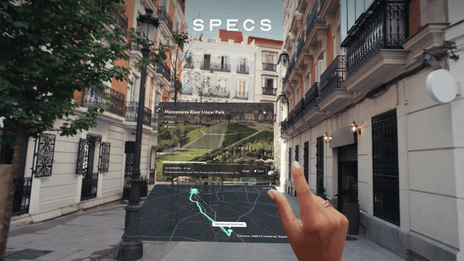 Routenavigatie voor stadswandeling, AR-bril SPECS. Bron: Snap