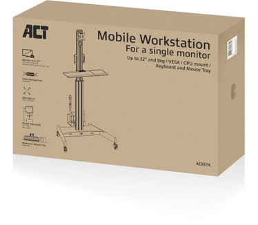 ACT Mobiel Werkstation voor een enkele monitor, met houder voor een pc, toetsenbord en muis