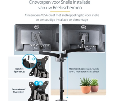 Startech.com Dubbele Monitor Arm voor Bureaumontage, Full Motion Monitorbeugel voor 2x VESA-displays tot 32" (8kg), Verticale Stapelbare Armen, Hoogte verstelbaar/Articulerend - Bureauklem/Doorvoertule