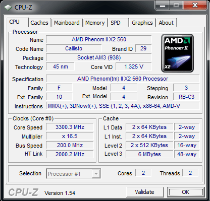 AMD Phenom II X2 560 stock