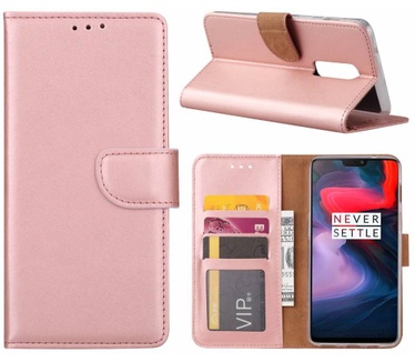 Luxe Lederen Bookcase hoesje voor de OnePlus 6 - Metallic Roze (OnePlus 6) Rosé Goud