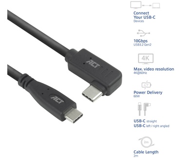 ACT AC7407 - USB 3.2 Gen1 aansluitkabel C male (recht) - C male (haaks) 2 meter Zwart