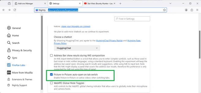 Automatische pip-modus in Firefox Nighty 130