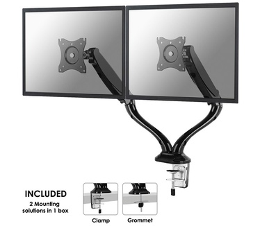 Newstar Full Motion Dual Desk Mount (clamp & grommet) for two 10-27" Monitor Screens, Height Adjustable (gas spring) - Black