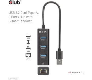 Club 3D USB 3.2 Gen1 Type-A, 3 Ports Hub with Gigabit Ethernet