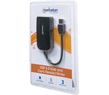 Manhattan USB 3.0 Hub and Card Reader/Writer, 3x USB 3.0 Ports, Supports MicroSD, SD and MMC Memory Cards, Bus Powered, Windows and Mac, Black, Blister