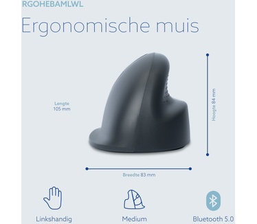 R-Go Tools Verticale muis R-Go HE Basic, ergonomische muis, medium (handlengte 165-185mm), linkshandig, Bluetooth