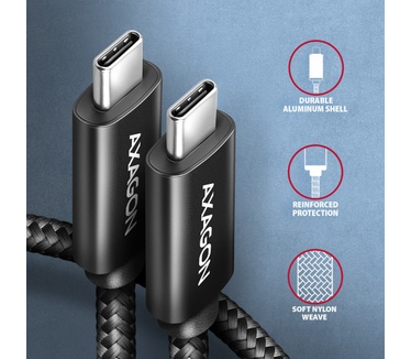 Axagon BUCM2-CM30AB Ladekabel USB-C zu USB-C 2.0, 3 m, PD 240 W 5 A, ALU - Schwarz - 3 Meter langes USB-C zu USB-C Kabel - Daten- und Ladefähig