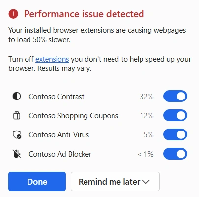 Extensions performance detector in testversie Microsoft Edge. - Bron: Microsoft