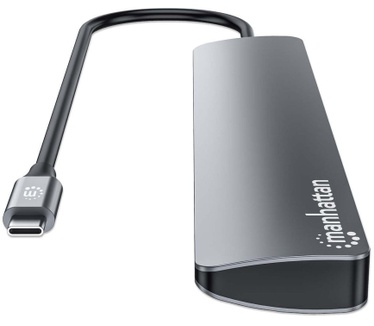 Manhattan USB-C dock/hub, poorten (7): USB-A (3×) en USB-C (4×), met Power Delivery (PD) 100 W - vereist een externe USB-C-lader (niet inbegrepen). USB-gevoed (geen externe voeding vereist) wanneer PD niet wordt gebruikt, aluminium