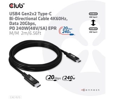 Club 3D USB4 Gen2x2 Type-C Bi-Directional Cable 4K60Hz, Data 20Gbps, PD 240W(48V/5A) EPR M/M 2m USB IF GECERTIFCIEERD