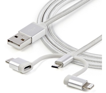 Startech.com USB naar Lightning / USB-C / Micro-B - gevlochten Wit, Zilver