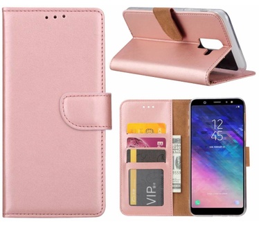 Luxe Lederen Bookcase hoesje voor de Samsung Galaxy A6 Plus 2018 - Metallic Roze (Samsung Galaxy A6 Plus 2018) Rosé Goud