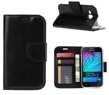 Luxe Lederen Bookcase hoesje voor de Samsung Galaxy J1 - Zwart (Samsung Galaxy J1) Zwart