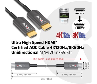 Club 3D Ultra High Speed HDMI™ Certified AOC Cable 4K120Hz/8K60Hz Unidirectional M/M 20m/65.6ft