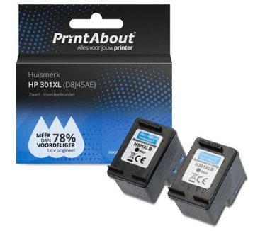 PrintAbout Huismerk HP 301XL (D8J45AE) Inktcartridge Zwart Voordeelbundel 2-pack Hoge capaciteit