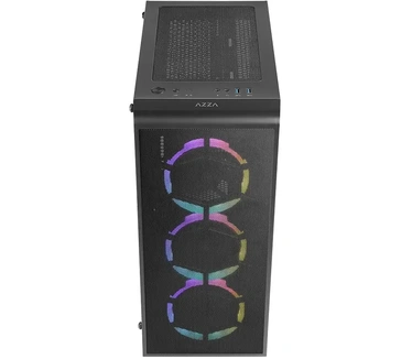 Azza Prime. Vormfactor: Midi Tower, Soort: PC, Kleur van het product: Zwart. Vermogenstoevoer locatie: Bodem, Ondersteunde vormfactoren stroomvoorziening: ATX. Aantal geïnstalleerde ventilatoren voorzijde: 3x 120 mm, Voorste ventilators ondersteunend