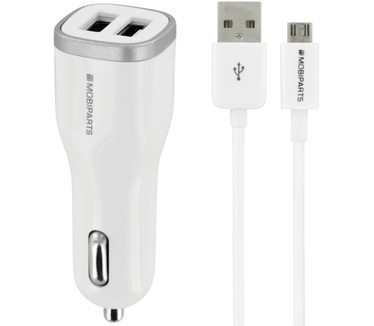 Mobiparts Car Charger Dual USB 2.4A + Micro USB Cable White
