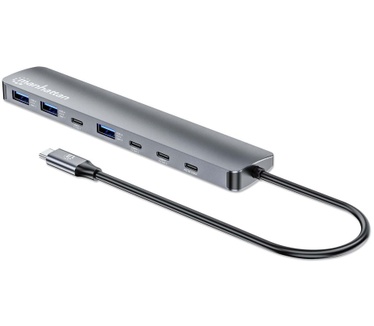 Manhattan USB-C dock/hub, poorten (7): USB-A (3×) en USB-C (4×), met Power Delivery (PD) 100 W - vereist een externe USB-C-lader (niet inbegrepen). USB-gevoed (geen externe voeding vereist) wanneer PD niet wordt gebruikt, aluminium