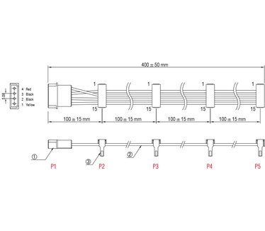Delock Cable Power Molex 4 pin plug > 4 x SATA 15 pin receptacle 40 cm (60142) Geel, Rood, Wit, Zwart