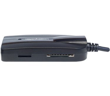 Manhattan USB 3.0 Hub and Card Reader/Writer, 3x USB 3.0 Ports, Supports MicroSD, SD and MMC Memory Cards, Bus Powered, Windows and Mac, Black, Blister