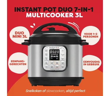 Instant Pot Duo 3L-7 in 1, intelligente snelkookpan, functies, snelkookpan, slowcooker, rijstkoker, rissolpan, yoghurtmaker, stoomkoker en voedselverwarmer, 3 l, roestvrij staal