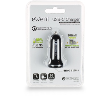 Ewent EW1356 2-Poorts USB-C en USB-A Autolader 36W met Power Delivery en Quick Charge
