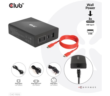 Club 3D Travel Charger 132W GAN technology, Four port USB Type-A and -C, Power Delivery(PD) 3.0 Support
