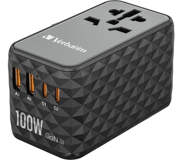 Verbatim GaN III universele reisadapter UTA-06 Met 2 x USB-C PD & QC 4+ & 2 x USB-A QC 3.0 poorten