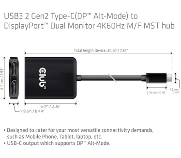 Club 3D USB3.2 Gen2 Type-C(DP Alt-Mode) to DisplayPort Dual Monitor 4K60Hz M/F MST hub Zwart