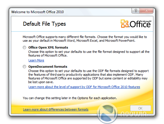 Microsoft Office 2010 keuzescherm