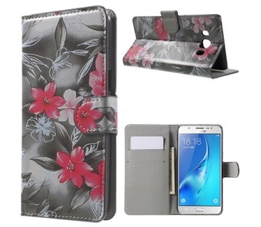 qMust Samsung Galaxy J5 (2016) Wallet Case - hoesje met stand - Flowers Grey