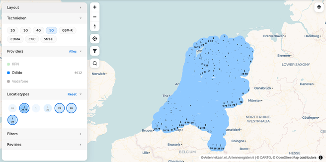 Alle 3,5GHz-antennes van Odido. Bron: Antennekaart.nl, Antenneregister.nl | © CARTO, © OpenStreetMap