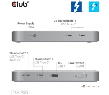 Club 3D CLUB3D CSV-2563 5-1 Thunderbolt™ 5 Hub Triple video 5K60Hz Thunderbolt™ Share Certifi ed 180W