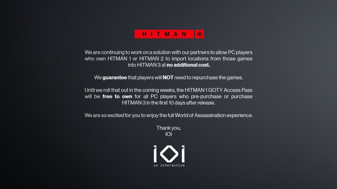 IO Interactive pc-versie Hitman 3 tweet