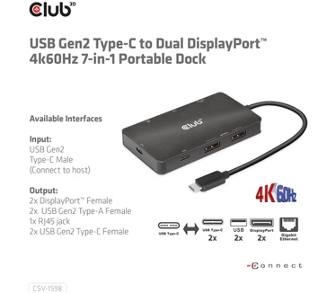 Club 3D USB Gen2 Type-C to Dual DisplayPort 4k60Hz 7-in-1 Portable Dock