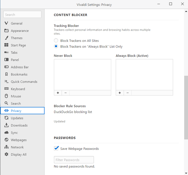 Vivaldi met tracking protection