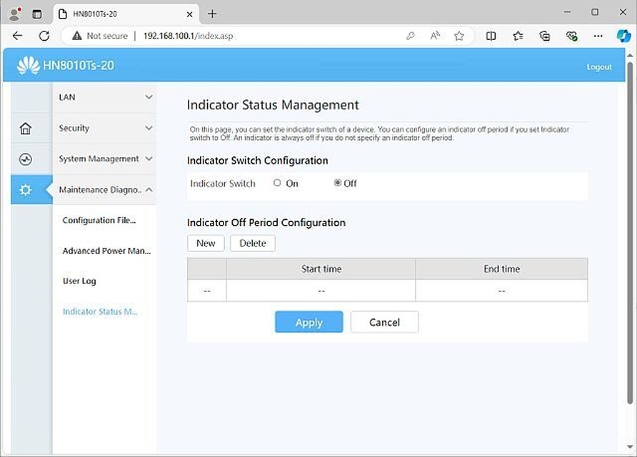 Huawei HN8010Ts-20 ONT - 3.4.4 - Maintenance Diagnosis - Indicator Status Management [Off]