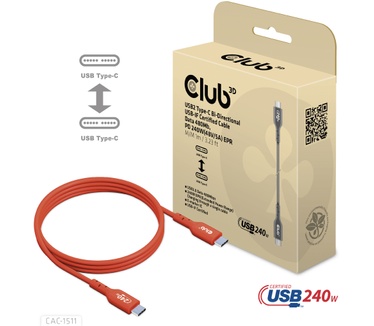 Club 3D USB2 Type-C Bi-Directional USB-IF Certified Cable Data 480Mb, PD 240W(48V/5A) EPR M/M 4m / 13.13ft