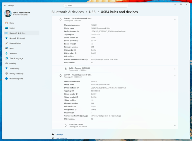 Windows heeft het wel door: de iVanky FusionDock Ultra bestaat stiekem uit twee docks. Toen deze screenshot werd gemaakt, draaide een van de twee TB5-chips in de asymmetrische 120/40-modus, terwijl de ander symmetrisch op 80/80 werkte.