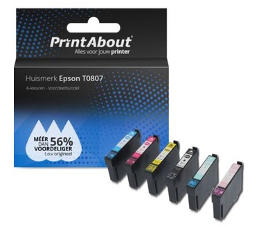 PrintAbout Huismerk Epson T0807 Inktcartridge 6-kleuren Voordeelbundel