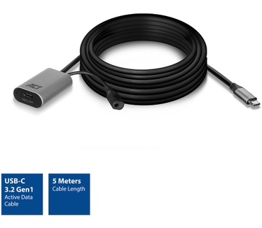ACT AC7060 USB-C verlengkabel met signaalversterker, 5 meter Grijs, Zwart