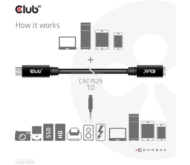 Club 3D USB Gen1 Type-C Extensie kabel 5Gbps 60W(20V/3A) 4K60Hz M/F 2m/6.56ft