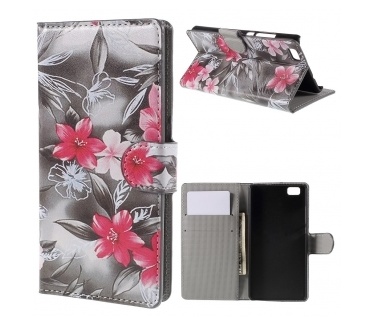 qMust Huawei P8 Lite Wallet Case - hoesje met stand - Flowers Grey