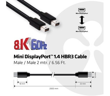Club 3D Mini DisplayPort 1.4 HBR3 8K60Hz Cable 2 Meter Zwart
