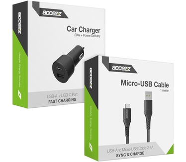 Accezz Car Charger met Micro-USB naar USB kabel - Autolader - 20 Watt - 1 meter - Zwart