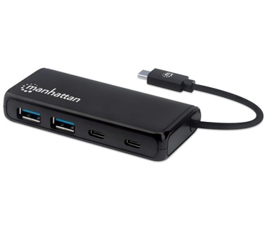 Manhattan USB-C Hub/Dock, USB-C to 2x USB-C and 2x USB-A ports, 5 Gbps (USB 3.2 Gen1), Bus Power, Cable 13.5cm, Black