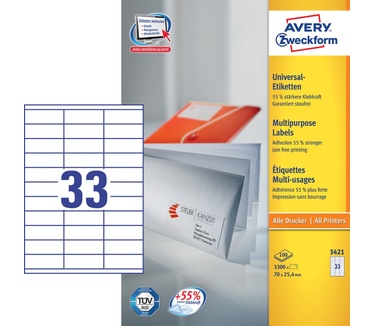 Avery Universele Etiketten, wit, 70,0 x 25,4 mm, permanent klevend