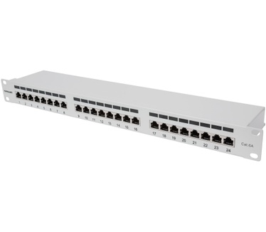 Intellinet Patch Panel, Cat6a, FTP, 24-Port, 1U, Shielded, 90° Top-Entry Punch Down Blocks, Grey